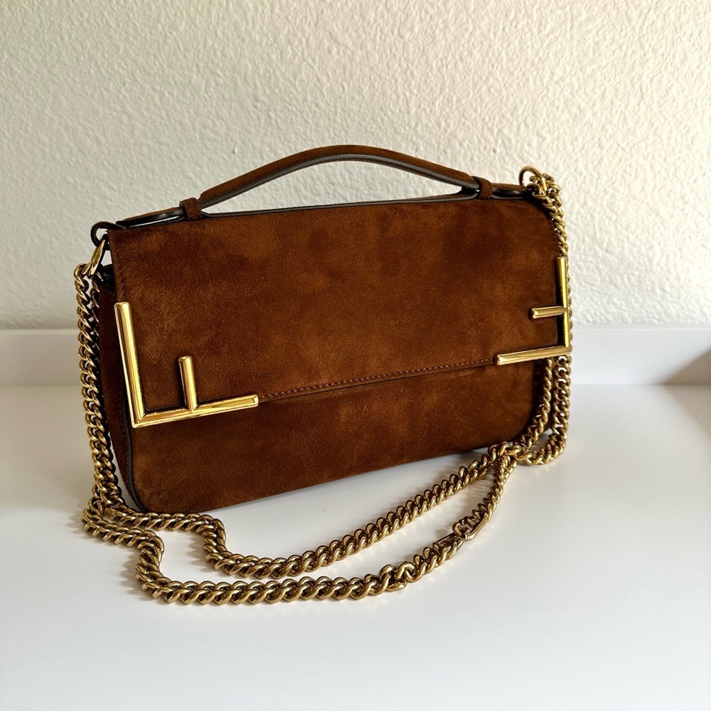 Fendi Shoulder Bag Multicolor Suede Satin Double F Gold